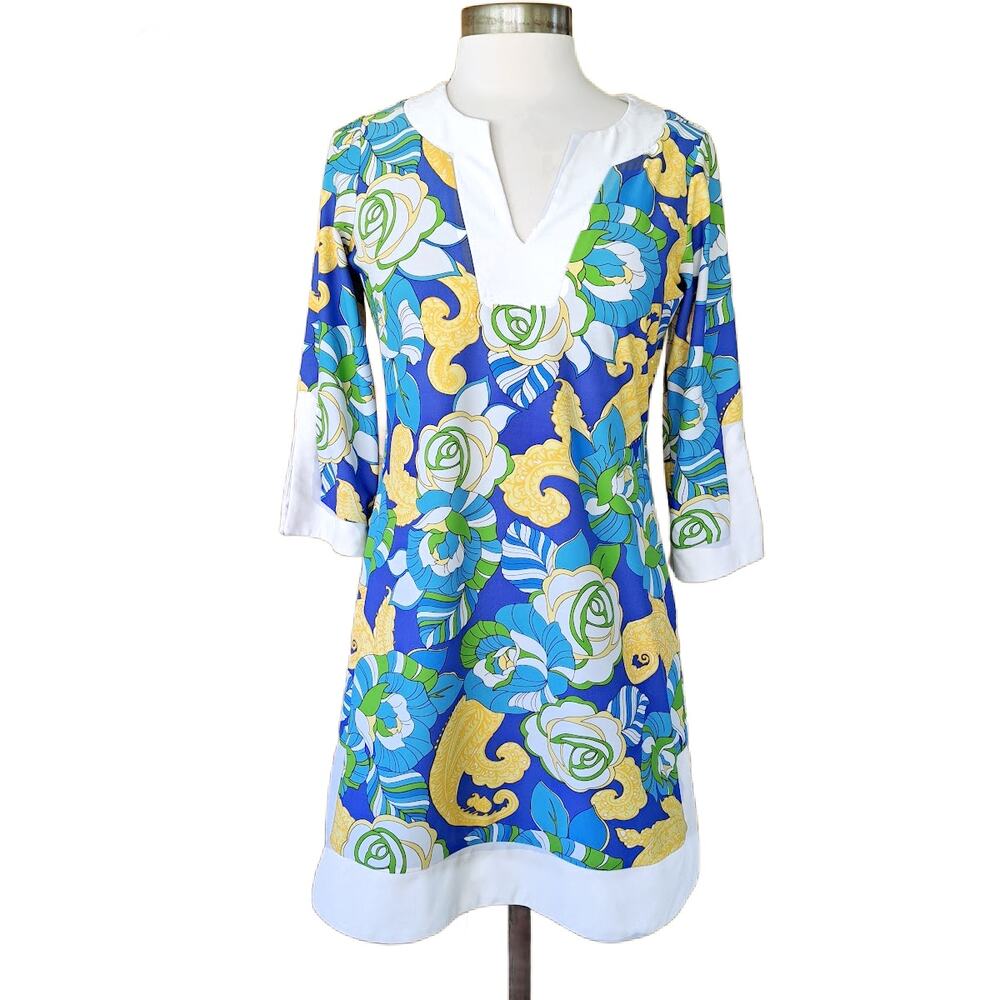 Jude Connally Holly Tunic Mini Dress Size Small Blue Yellow Retro Floral Print